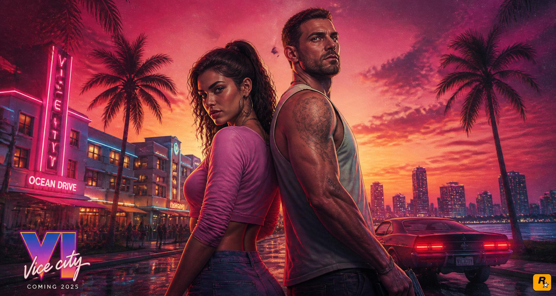 Two protagonists back-to-back against a neon Vice City skyline