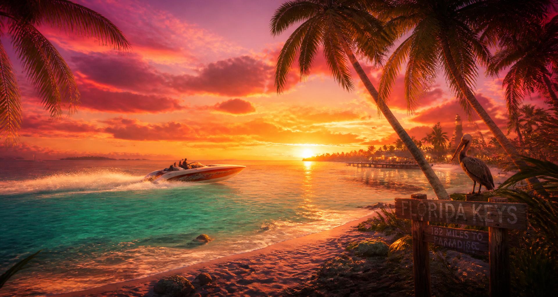 Speedboat carving across the Leonida Keys at sunset