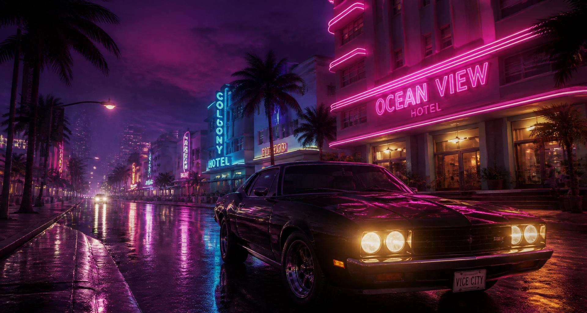 Ocean Drive at night with a muscle car under pink neon