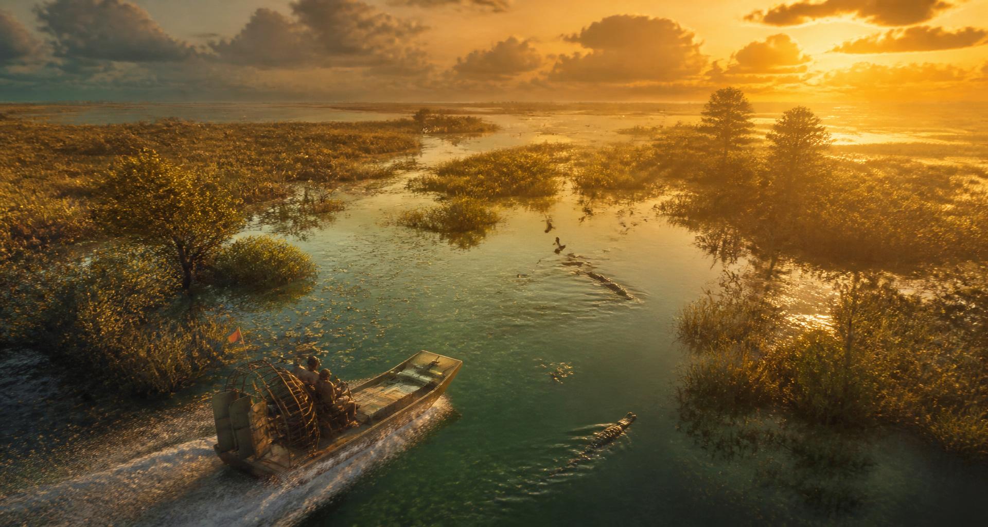 Airboat crossing the Grassrivers wetlands at golden hour